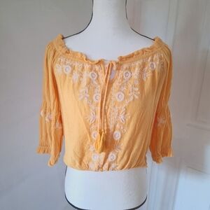 American Eagle Womens Floral Embroidered Cropped Top Size SMALL YELLOW BOHEMIAN